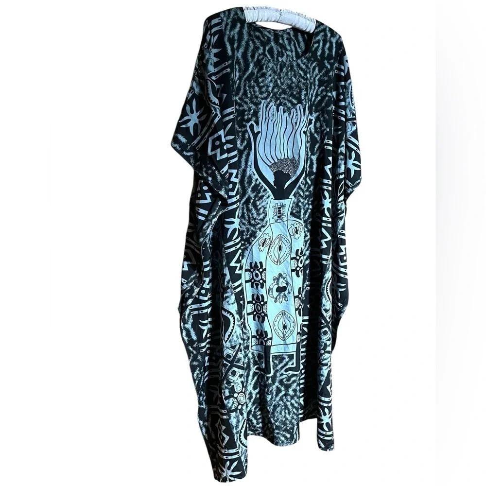 African Queen Black & Gray Kaftan Maxi Dress Overdress Cover Up - Picture 3 of 11